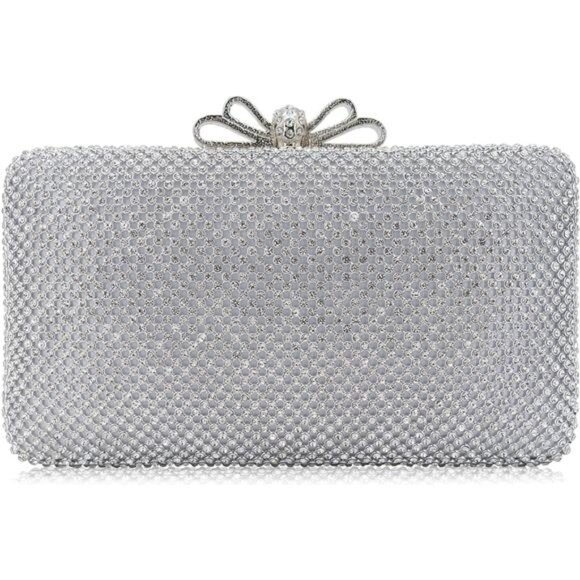 Rhinestone Clutch Purse with Crystal Bow Silver - Picture 1 of 5